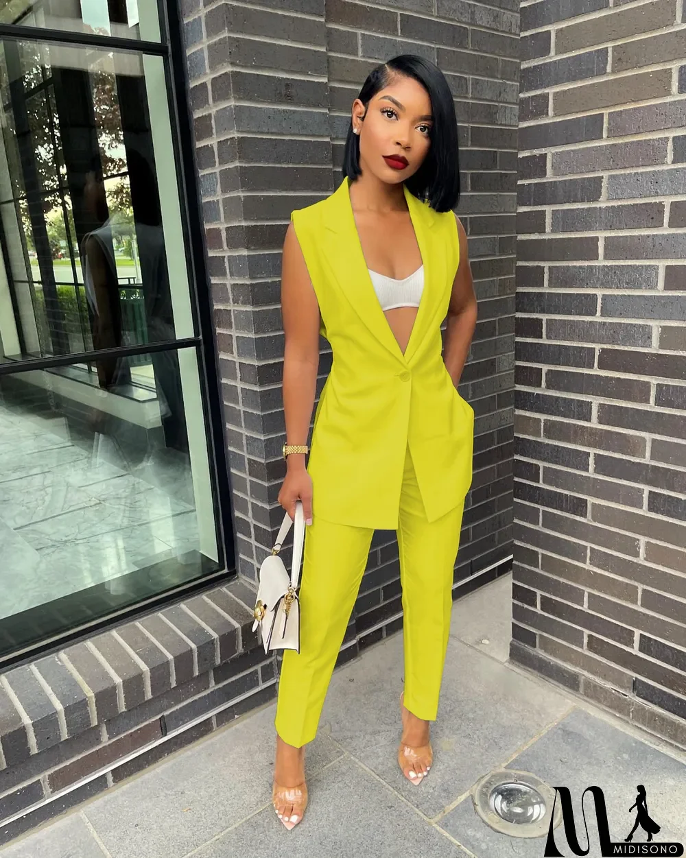 MidiSono - Solid Sleeveless Split Blazer Two Piece Sets