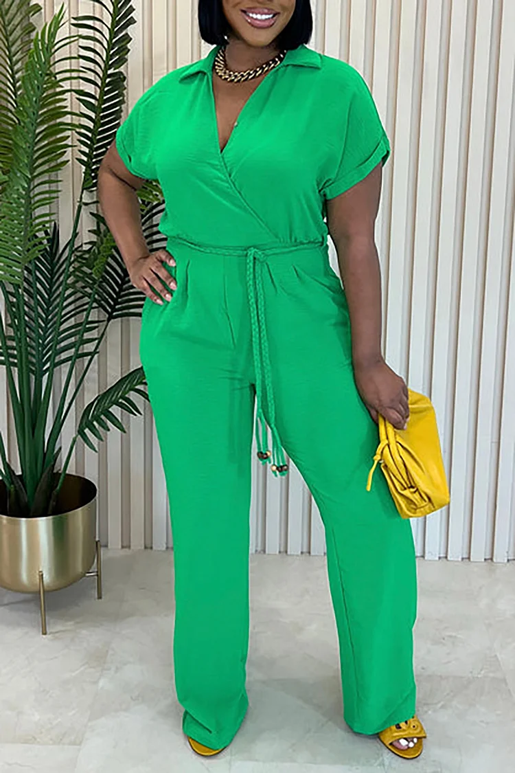 Plus Size Daily Green Wrap Neck Fold Knitted Jumpsuits [Pre-Order]