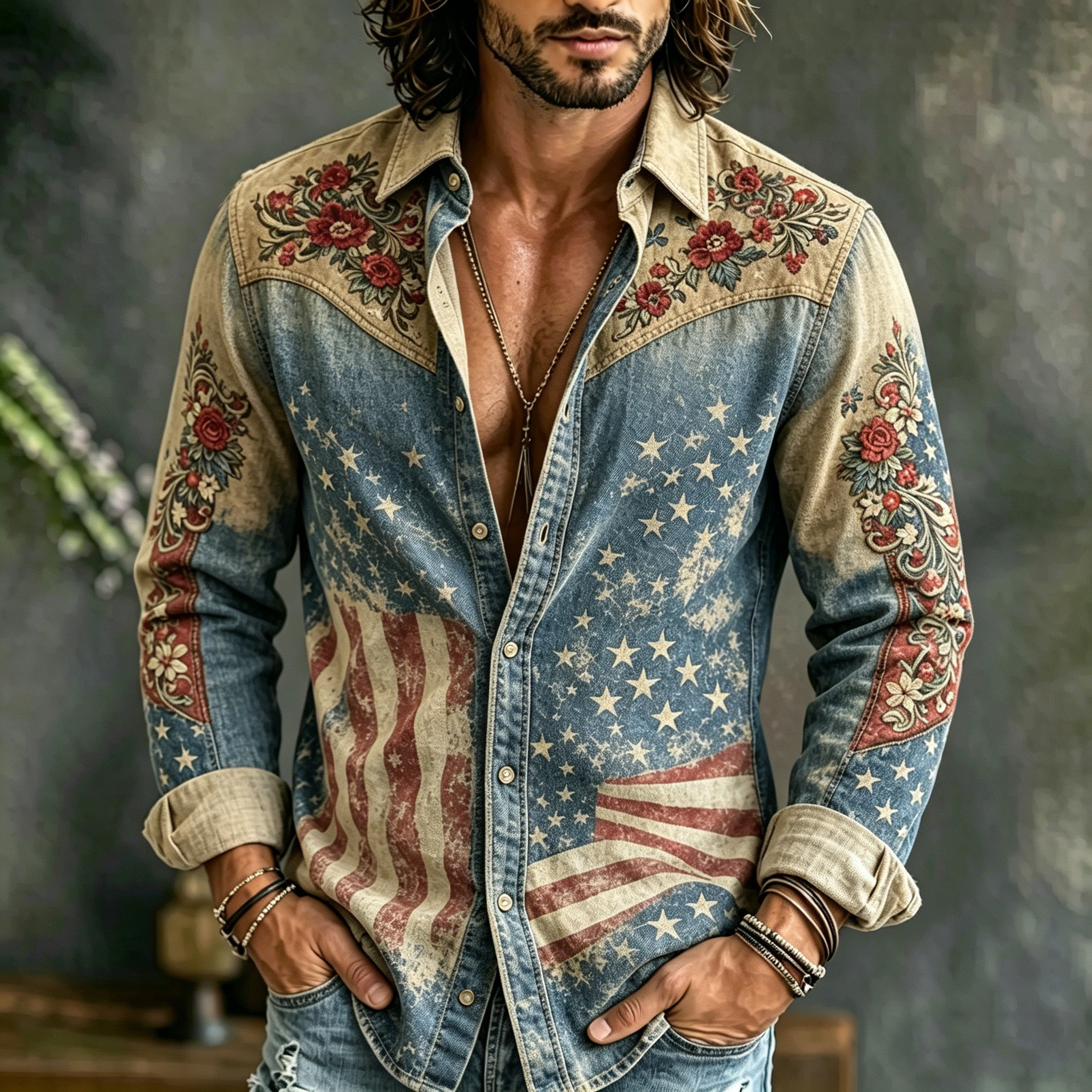  Men's Retro Flag Floral Art Print Long Sleeve Casual Shirt Westsshops