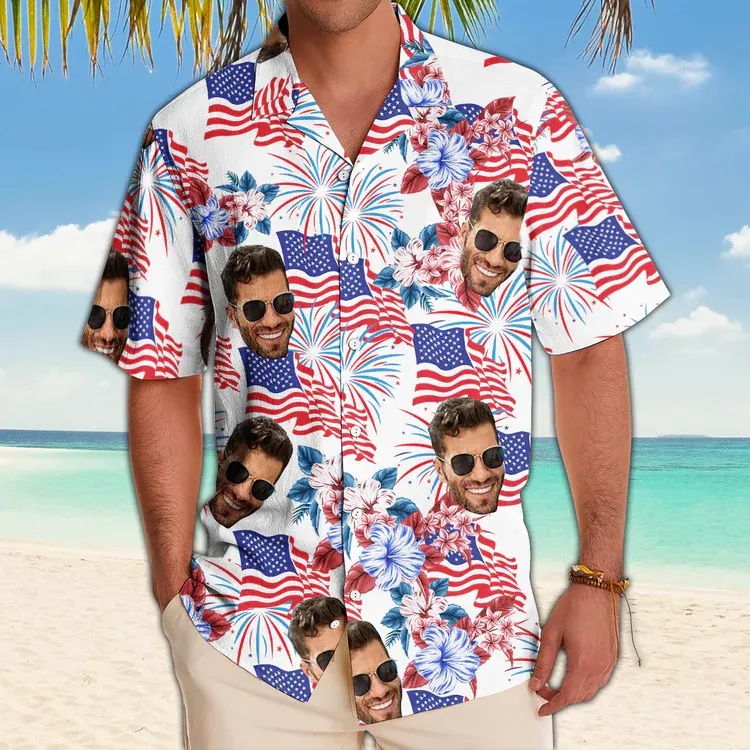Custom Face Hawaiian Shirt for Men Women, Boy - 4th July Independence Day, US American Flag, Patriotic Gift