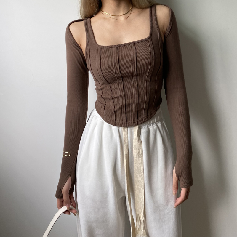 Ootddress Women Striped Stitching Slim T-shirt Female 2 In 1 Shrug Set Co-ord Crop Shrug And Corset Tank Tops Set Y2k Streetwear New