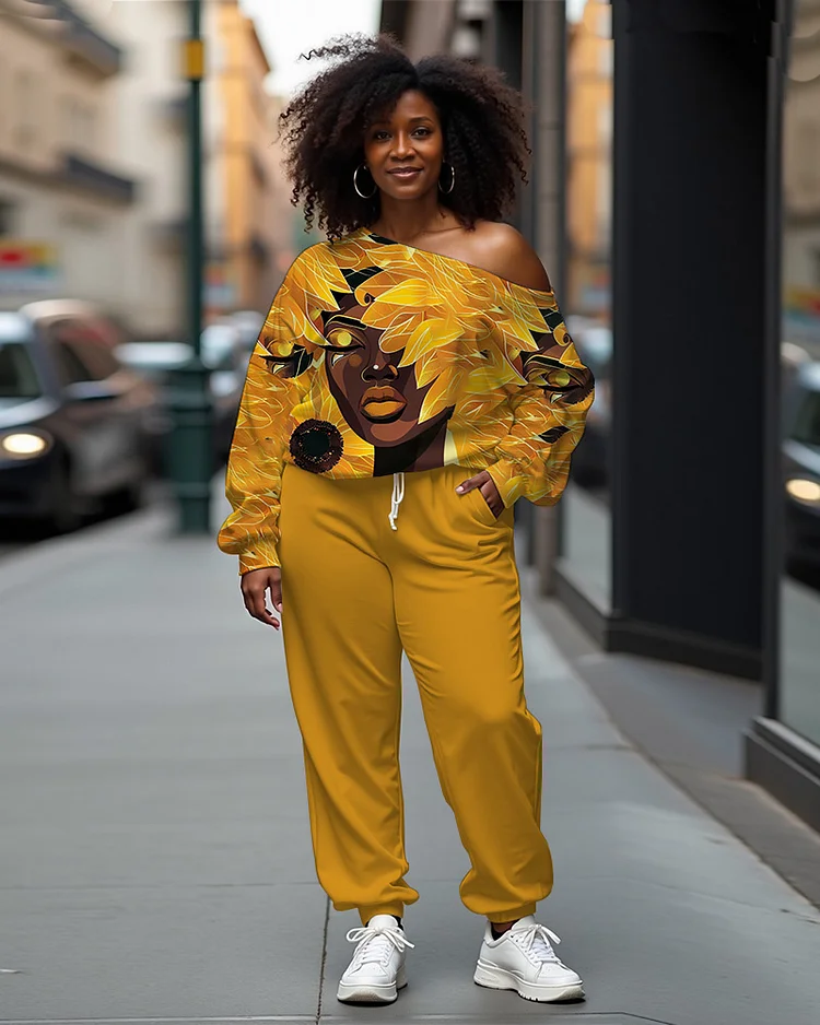 Sunflower Black Girl Long-Sleeved Off-Shoulder Sweatshirt and Solid Color Casual Pants