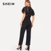 SHEIN Black Layered Flutter Sleeve Lace Bodice Tailored Skinny Jumpsuit Highstreet Women Summer Elegant High Waist Jumpsuits