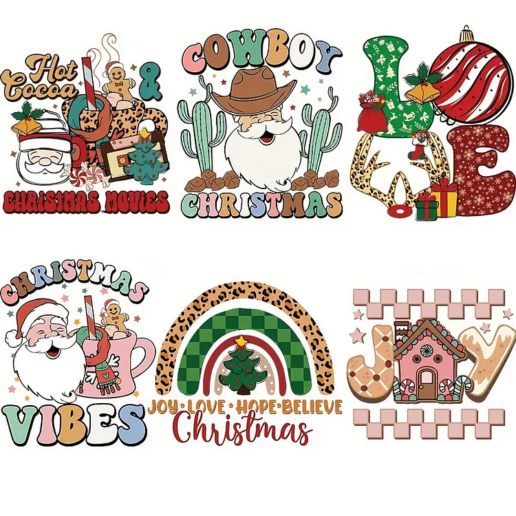 6pcs/set Cute Christmas Day Theme Washable Heat Transfer For T-Shirt Arts Craft Home Decors