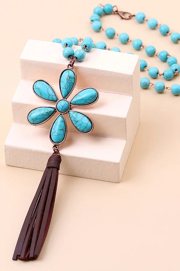 Turquoise Flower Pendant Long Necklace