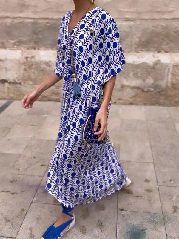 Floral Printed Loose Short Sleeves V-Neck Maxi Dresses