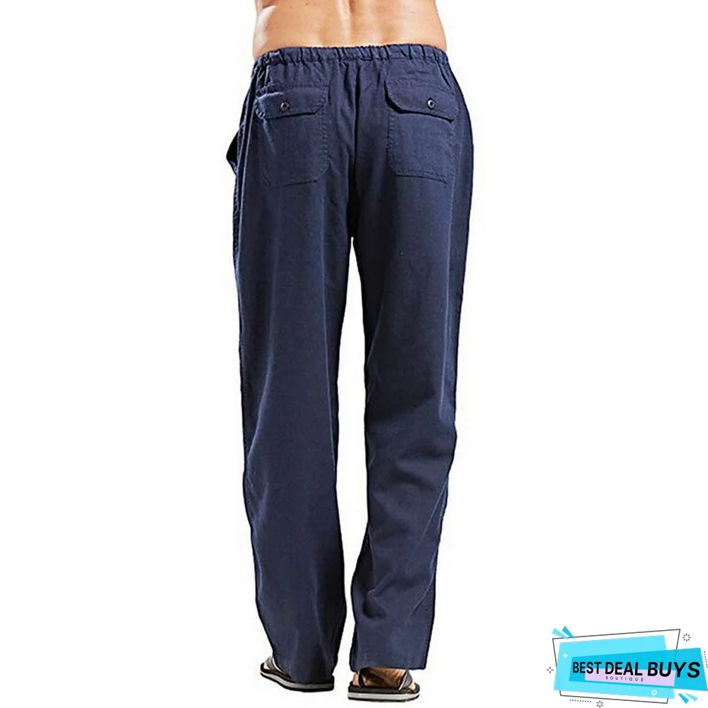 Men's Linen Pants Trousers Summer Pants Beach Pants Wide Leg Plain Breathable Full Length Work Daily Beach Linen / Cotton Blend Fashion Casual Loose Fit Black White