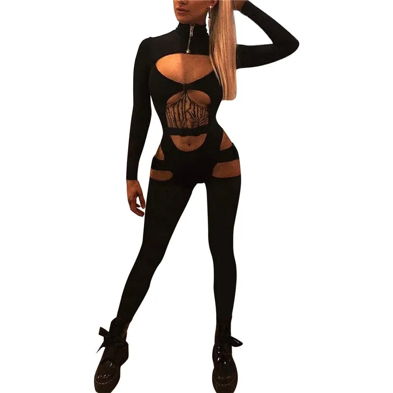 Sexy Women Bodycon Jumpsuit Solid Color Overalls Long Sleeves Rompers Bodysuits High Neck Hollow Out Buckle Biker Short Clubwear