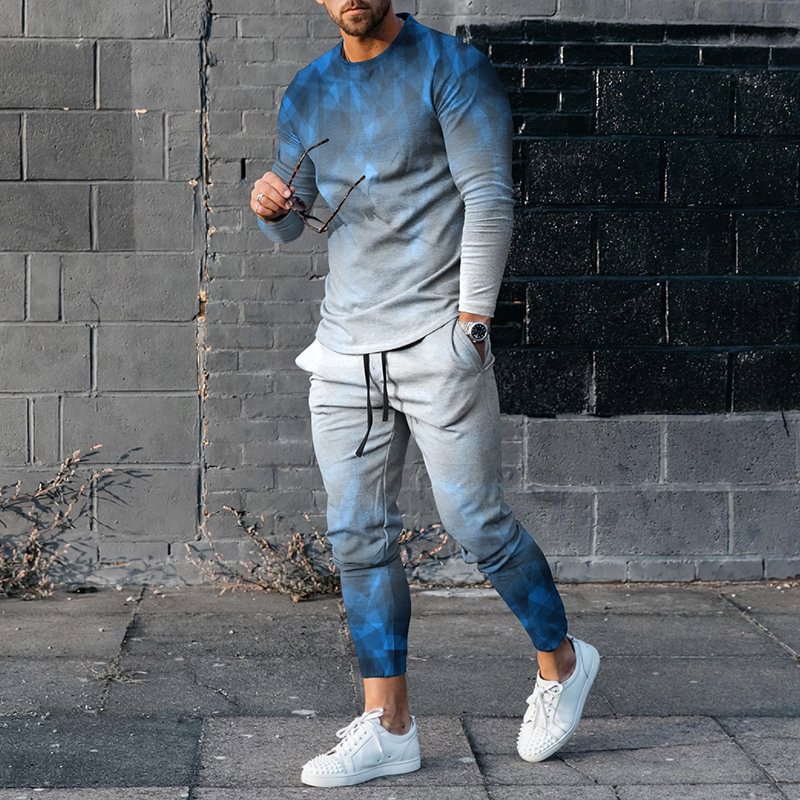 Fashion Men's Gradual Color Casual Long Sleeve T-Shirt And Pants Co-Ord