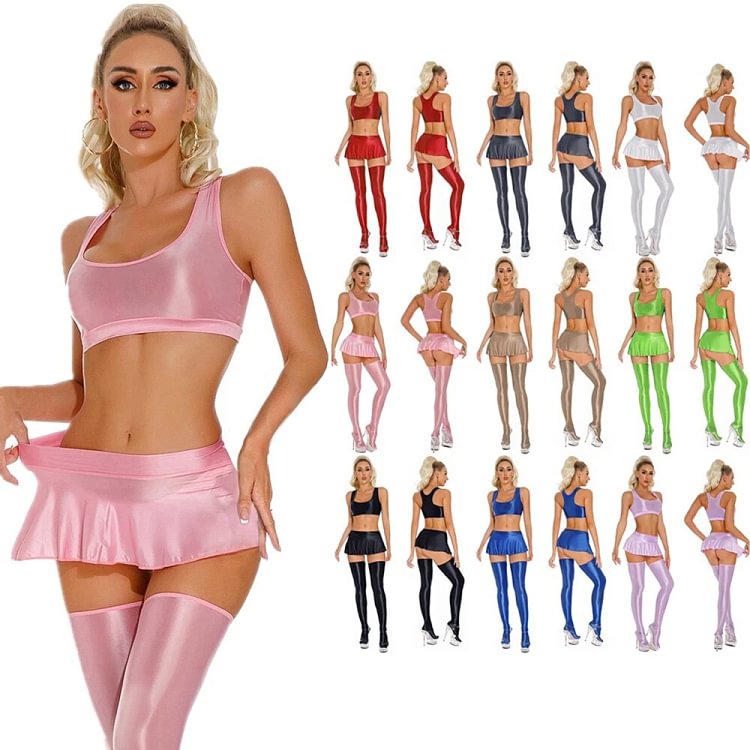pornhint Pornhint Women's Glossy Lingerie Outfits 3 Pc Crop Tank Top with Mini Skirts Stockings Lingerie