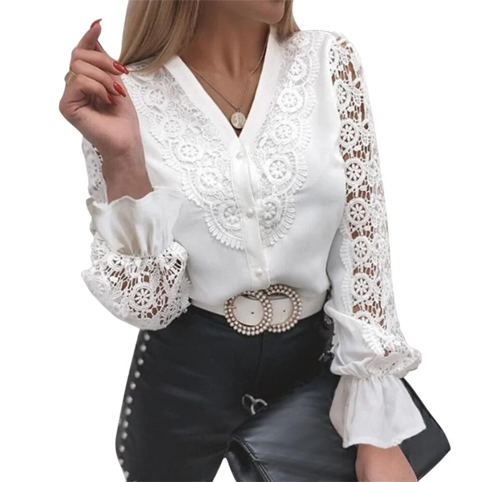 Women Sexy Guipure Lace Patchwork Hollow Out Shirt Long Sleeve Crew Neck Button Mesh Design Blouse Fashion White Vintage Shirts