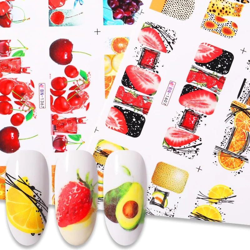 12Pcs Summer Fruit Water Decals Fruit/Kiwi/Banana/Lemon/ Strawberry Designs DIY Nail Stickers Wraps Slider Decoration