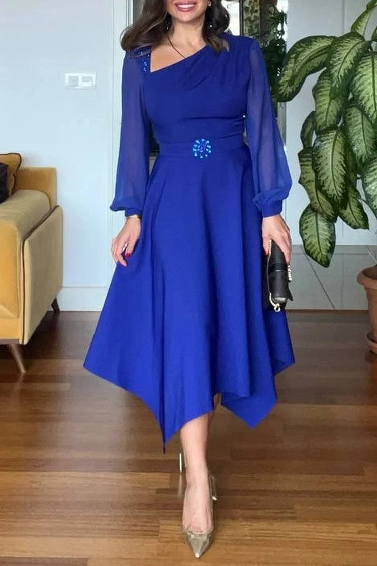 Women's Long-sleeved Sequined Chiffon Stitching Elegant Dress