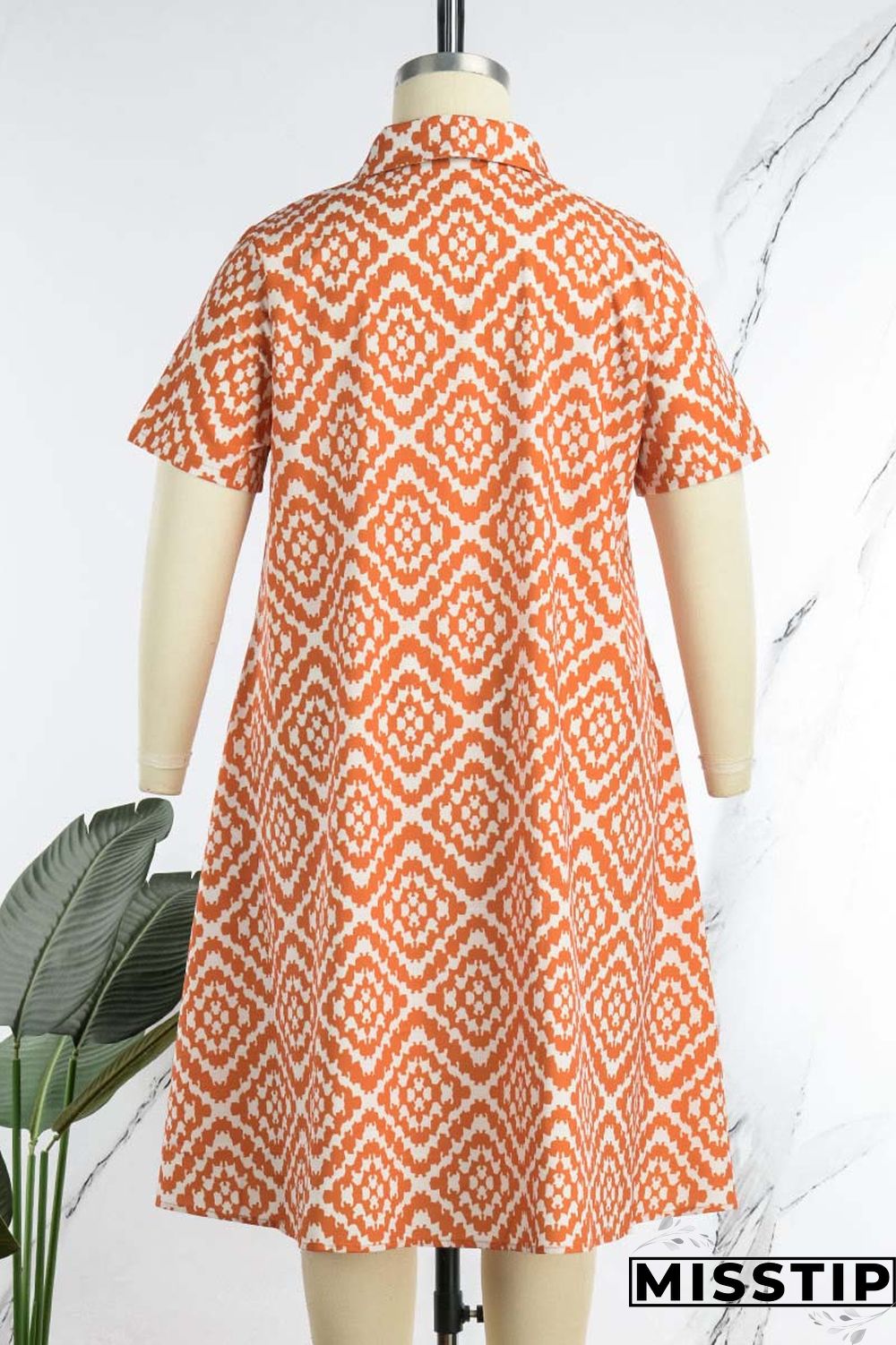 Colour Casual Print Patchwork Turndown Collar Straight Plus Size Dresses