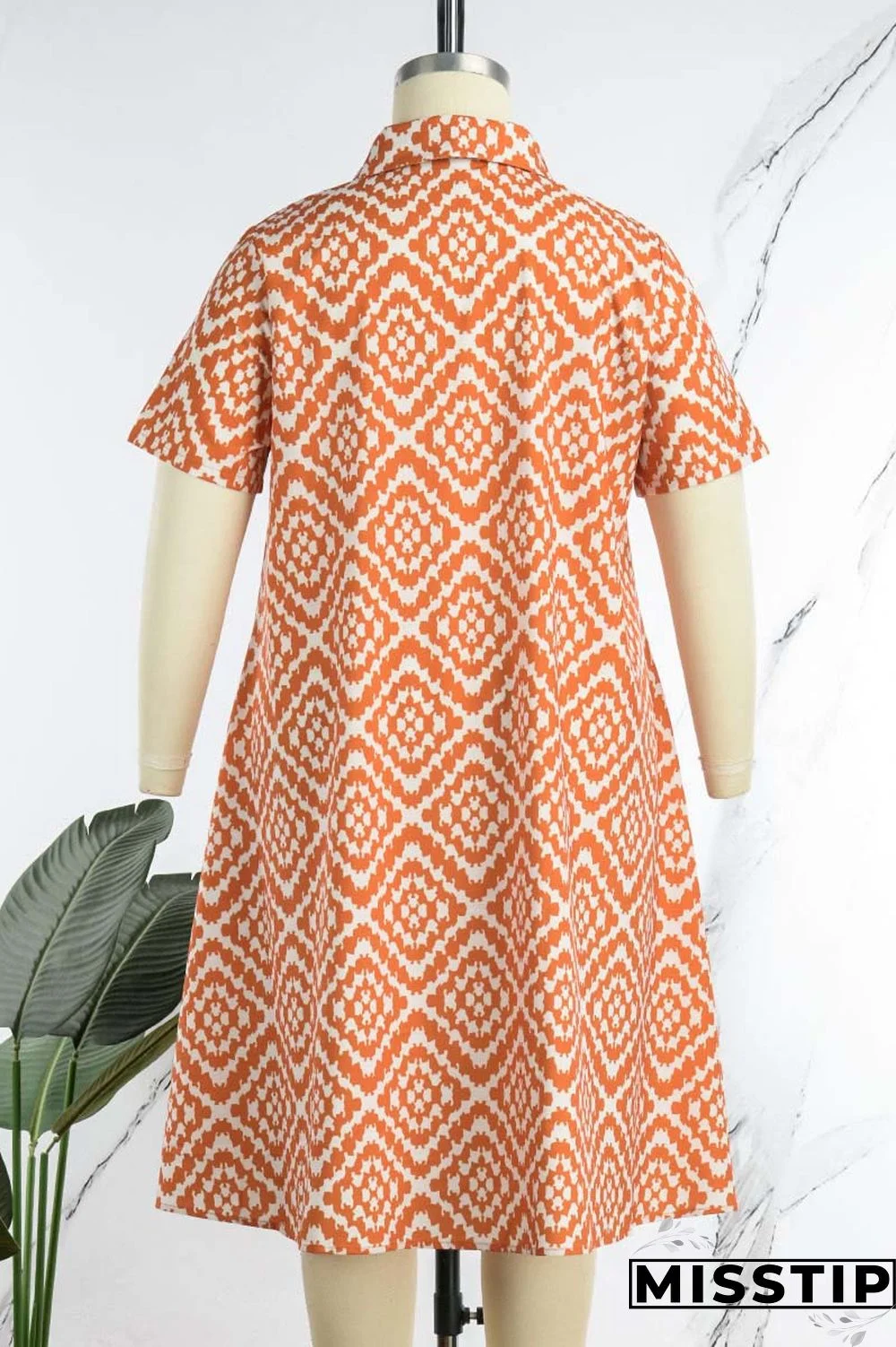 Colour Casual Print Patchwork Turndown Collar Straight Plus Size Dresses