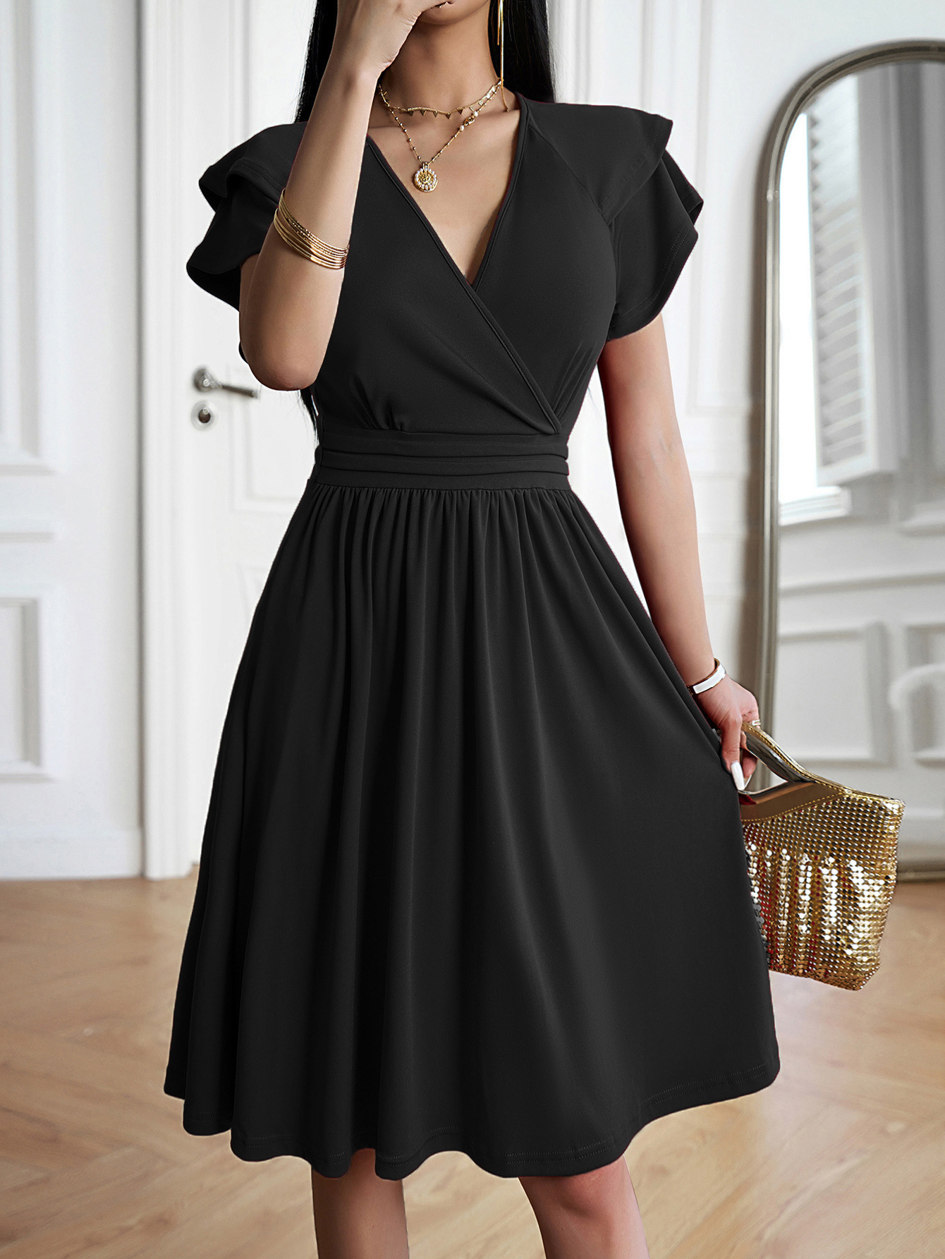 Women's V Neck Ruffle Sleeve Fit & Flare Dress | 168DEAL