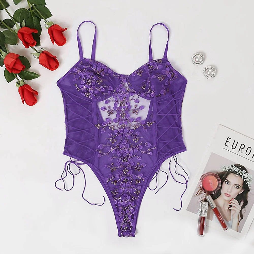 Ellolace Floral Embroidery Bodysuit Women Lace Up Bandage Bodies Sexy Sleeveless Bodycon Transparent Lingerie Mesh Bodysuits Top