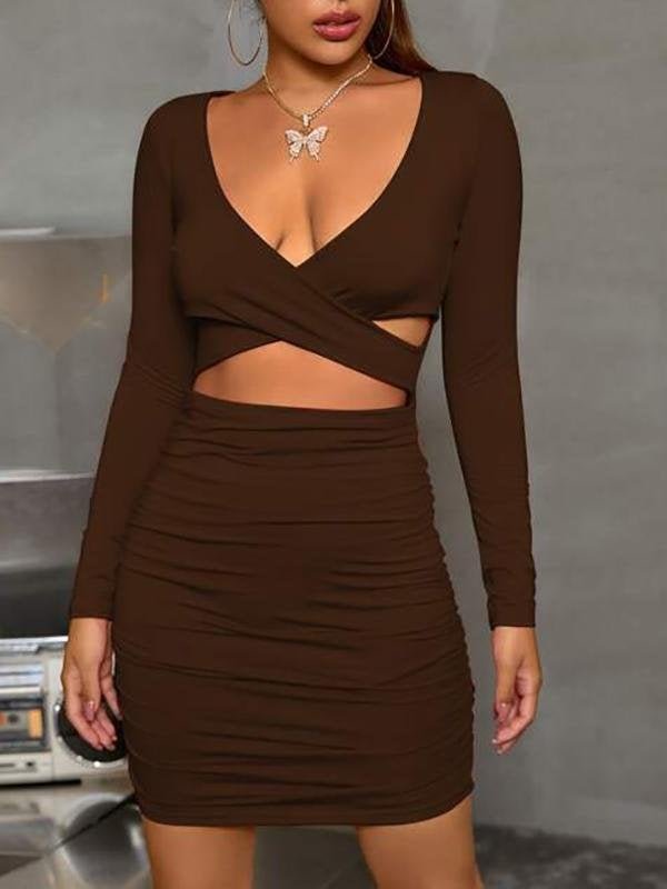 Cross Wrap Cut-Out Ruched Bodycon Dress