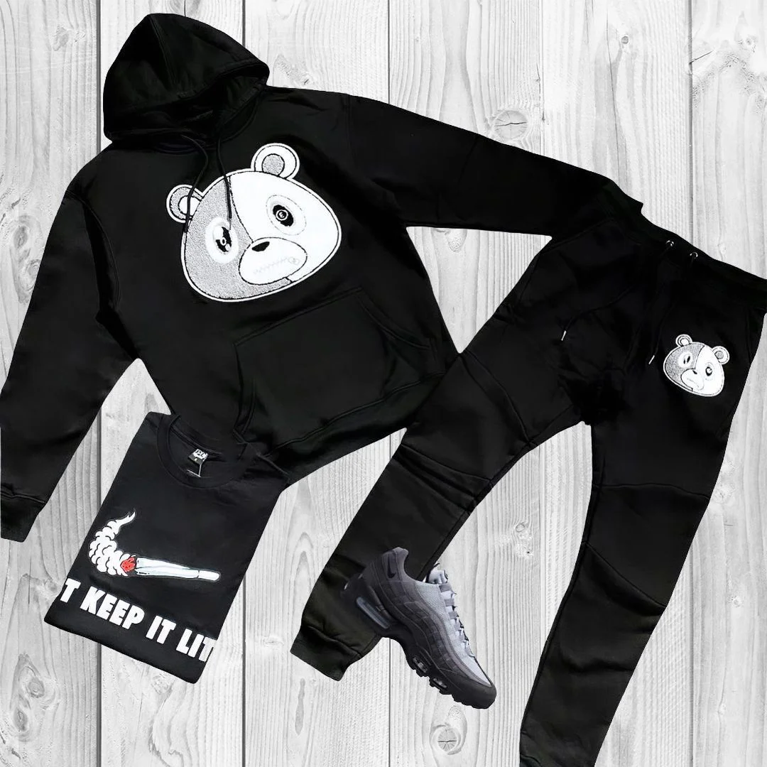 Bear pattern hooded sweatshirt and pants set