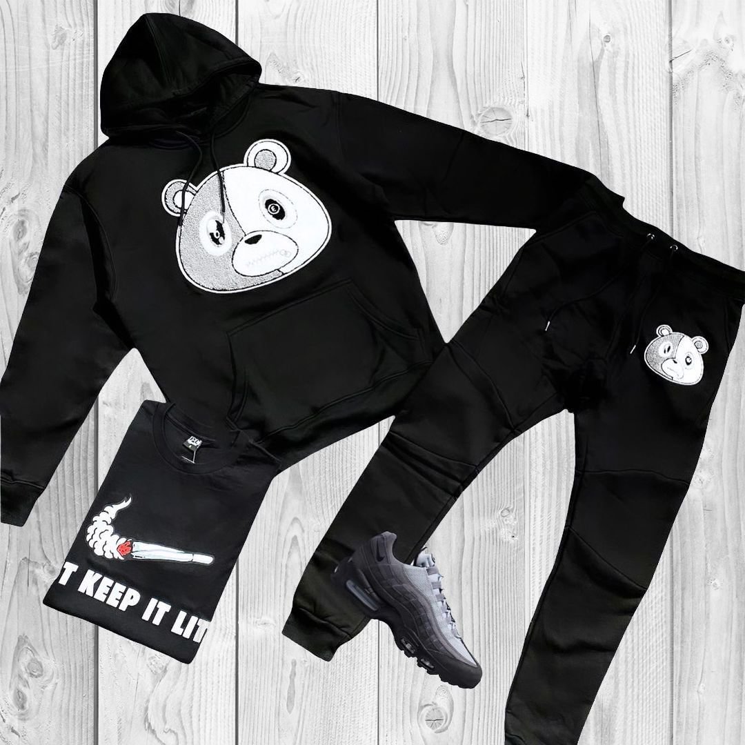 Bear pattern hooded sweatshirt and pants set