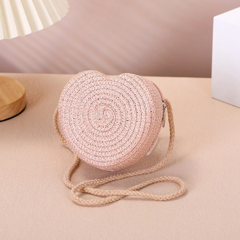 Kid’S Straw Heart Shape Cute Heart-shaped Zipper Shoulder Bag