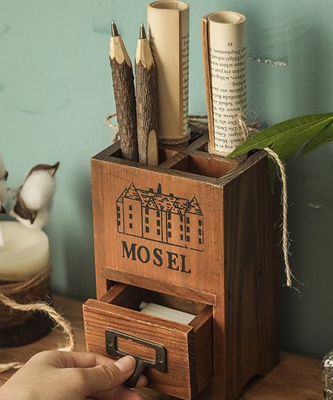 Vintage Wood Storage Pen Holder With A Small Drawer-Himinee.com