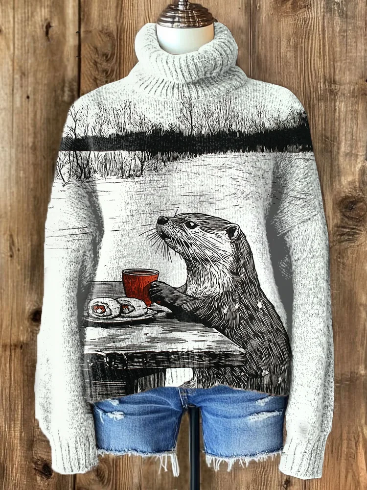 Women's Otter Sushi Coffee Woodcut Art Print High Neck Knit Sweatshirt