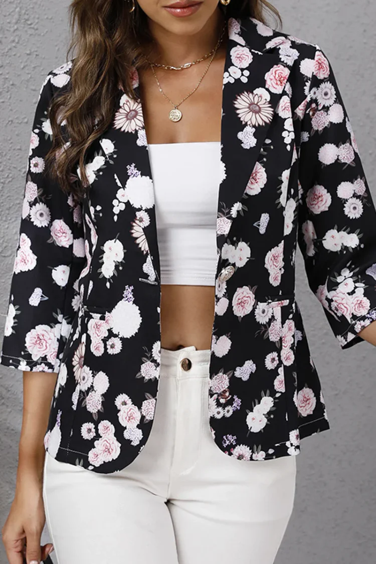 Elegant Print Buttons Turndown Collar Outerwear(4 Colors)