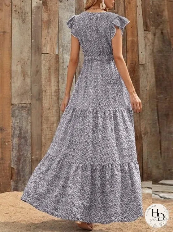 Dresses Floral V-Neck High Waist Ruffle Dress for Women