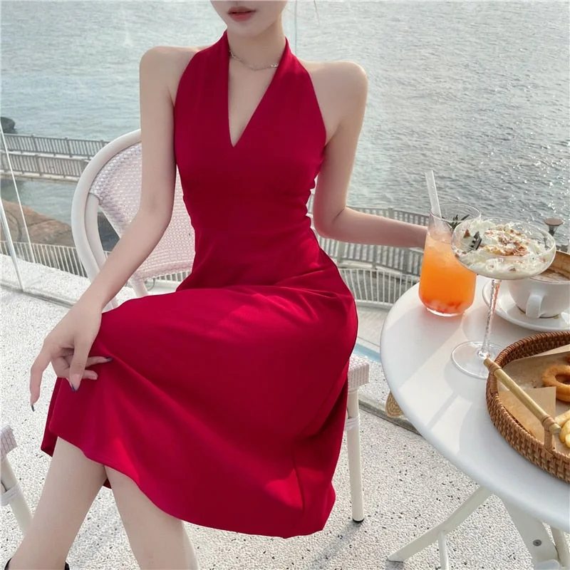 Summer Halter Sexy Backless Midi Bodycon Red Party Sleeveless Dress Beach Holiday Robe