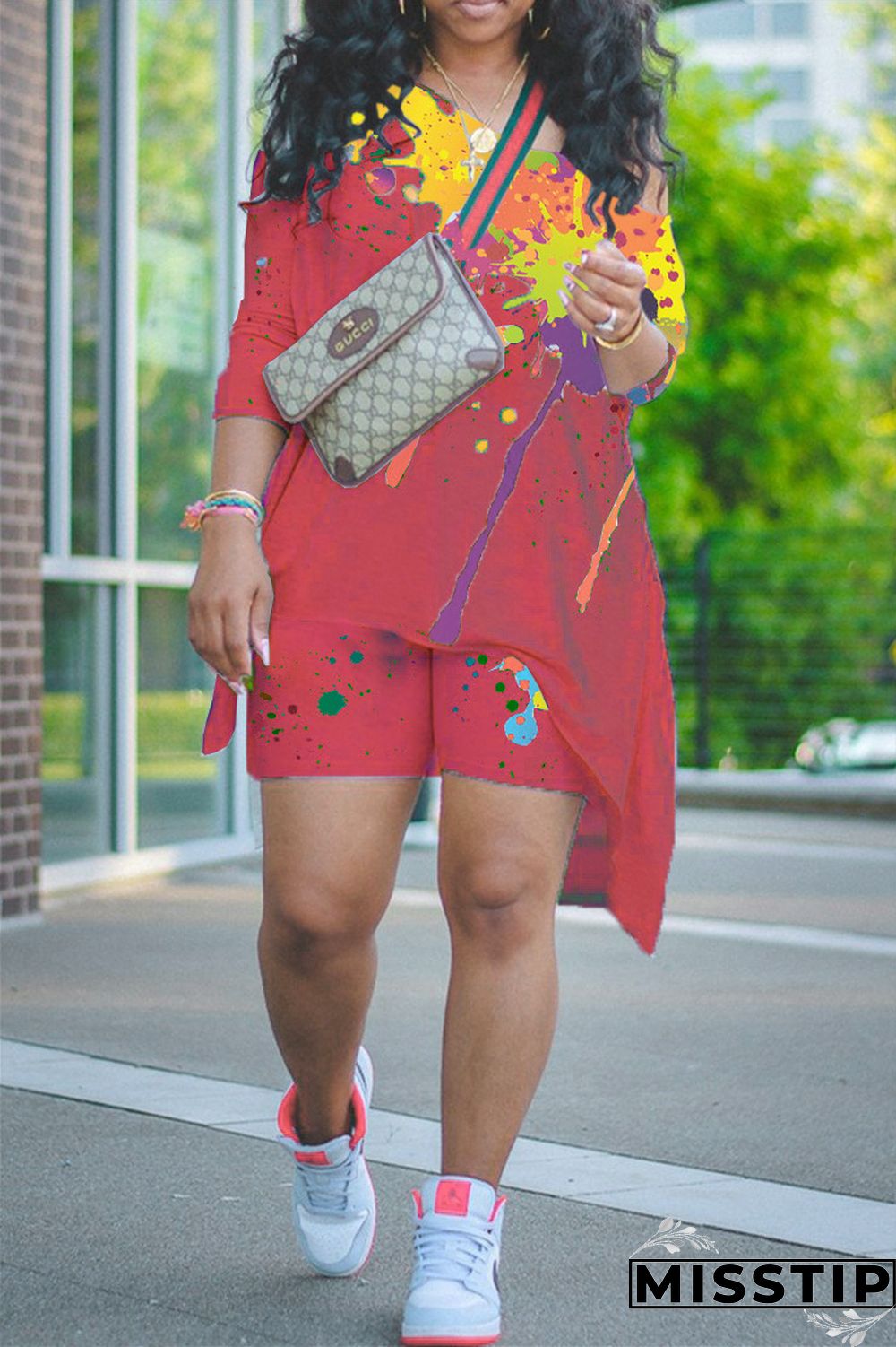 Burgundy Fashion Casual Print Basic Asymmetrical Oblique Collar Long Sleeve Two Pieces