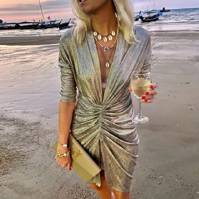 Lady Elegant Long Sleeve Club Glitter Mini Dress Sexy Deep V Neck Shiny Silk Party Dress Women Folds Pleated Bodycon Slit Dress LANFUBEISI