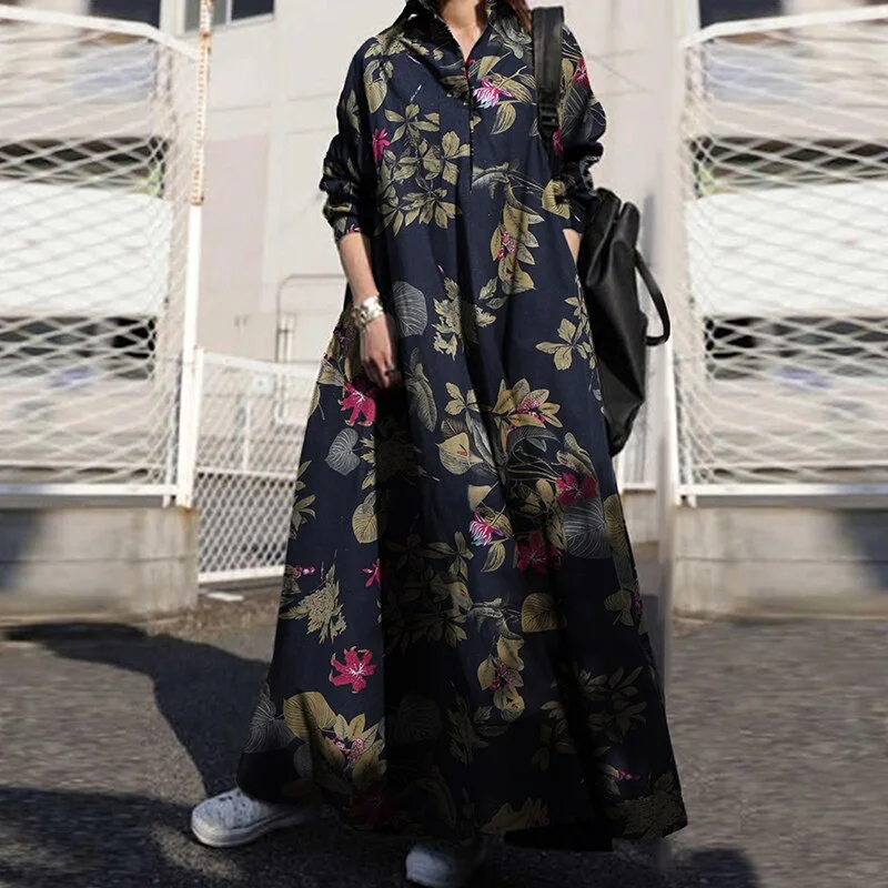 ZANZEA Autumn Stylish Women Vintage Long Sleeve Loose Sundress 2022 Casual Long Maxi Dress Kaftan Femme Solid Party Vestido Robe