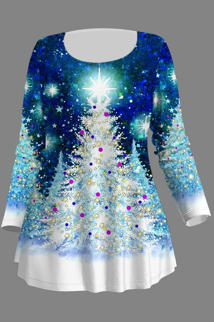 Flycurvy Plus Size Christmas Blue Christmas Tree Snowflake Sequin Print T-Shirt  Flycurvy [product_label]
