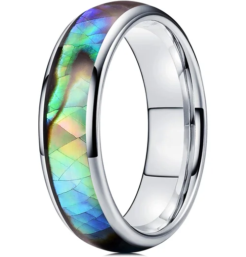 6MM 8MM Women Men Tungsten Domed Silver Rings Multi Color Rainbow Abalone Shell Inlay