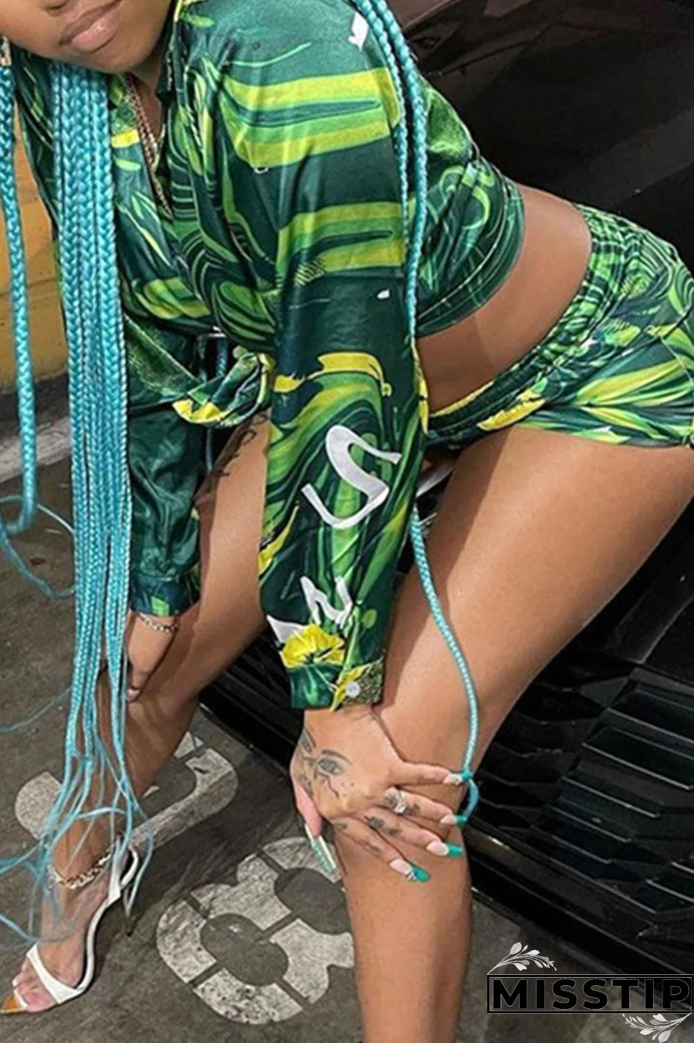 Green Casual Print Patchwork Buckle Turndown Collar Long Sleeve Two Pieces