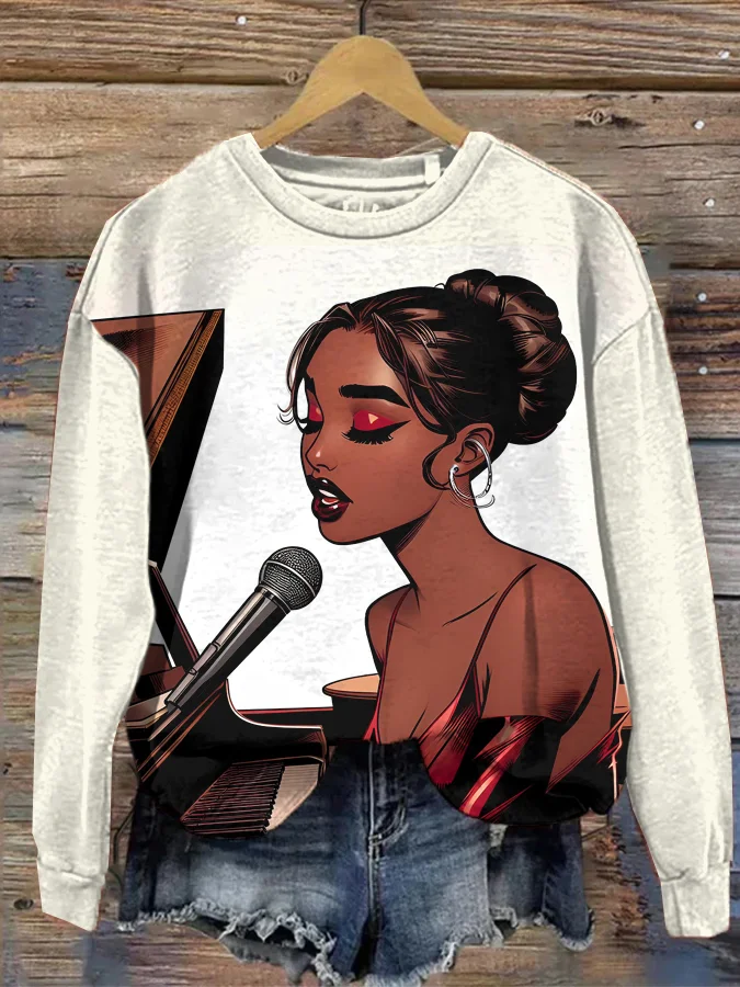 Women's Elegant Woman Singing and Playing Piano Print Casual Sweatshirt
