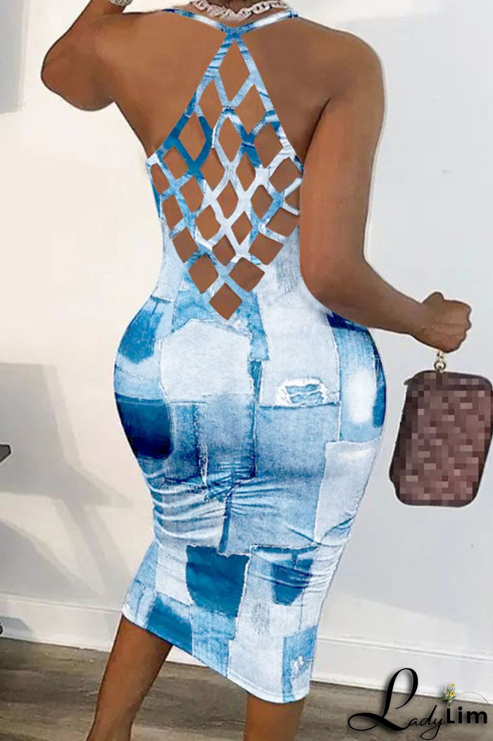 Dark Blue Sexy Print Patchwork Backless Spaghetti Strap Pencil Skirt Dresses