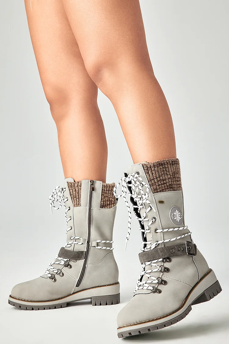 Xpluswear Design Plus Size Casual Light Grey Lace Up Thick Bottom Mid Length PU Leather Snow Boots