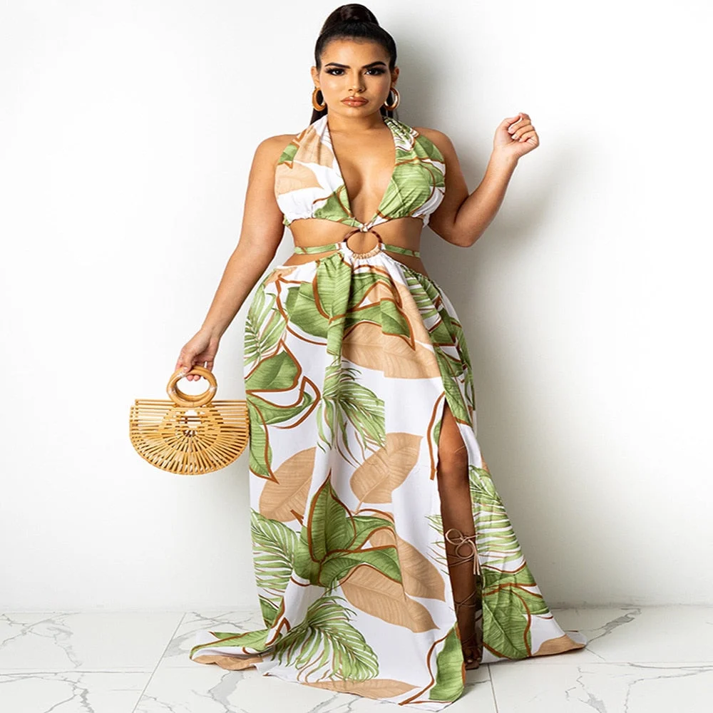 CM.YAYA Women Long Dress Print Sleeveless Halter Bandage Hollow Out Splited Maxi Dresses Sexy Night Party Vestidos Summer Outfit