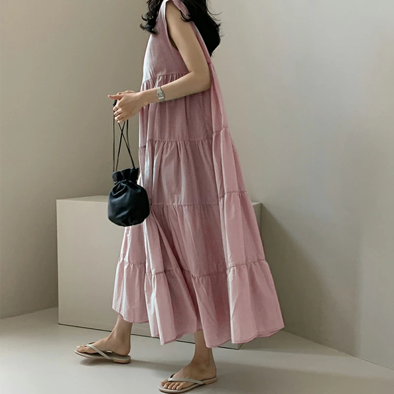 Solid Color Paneled Crew Neck Sleeveless Midi Dress