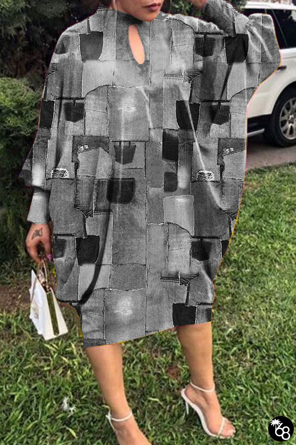 Grey Casual Print Hollowed Out Half A Turtleneck Long Sleeve Dresses | 168DEAL