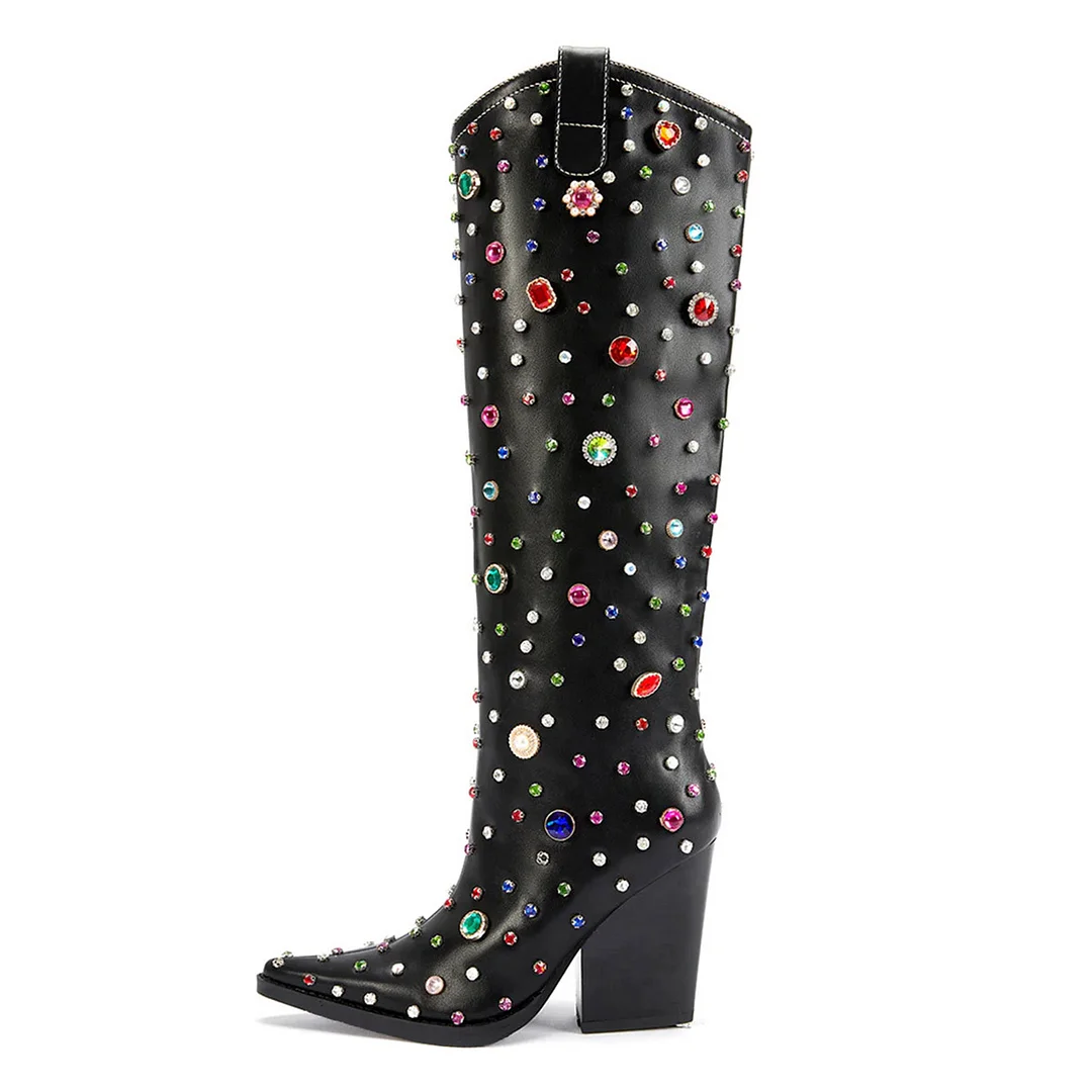 Black Faux Leather Pointed Toe Rhinestone Knee High Cowgirl Boots