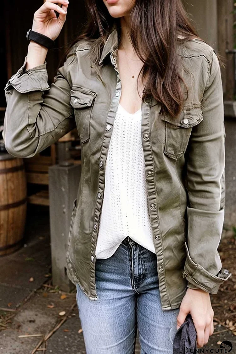 ruched trim button up long sleeve collared casual jacket