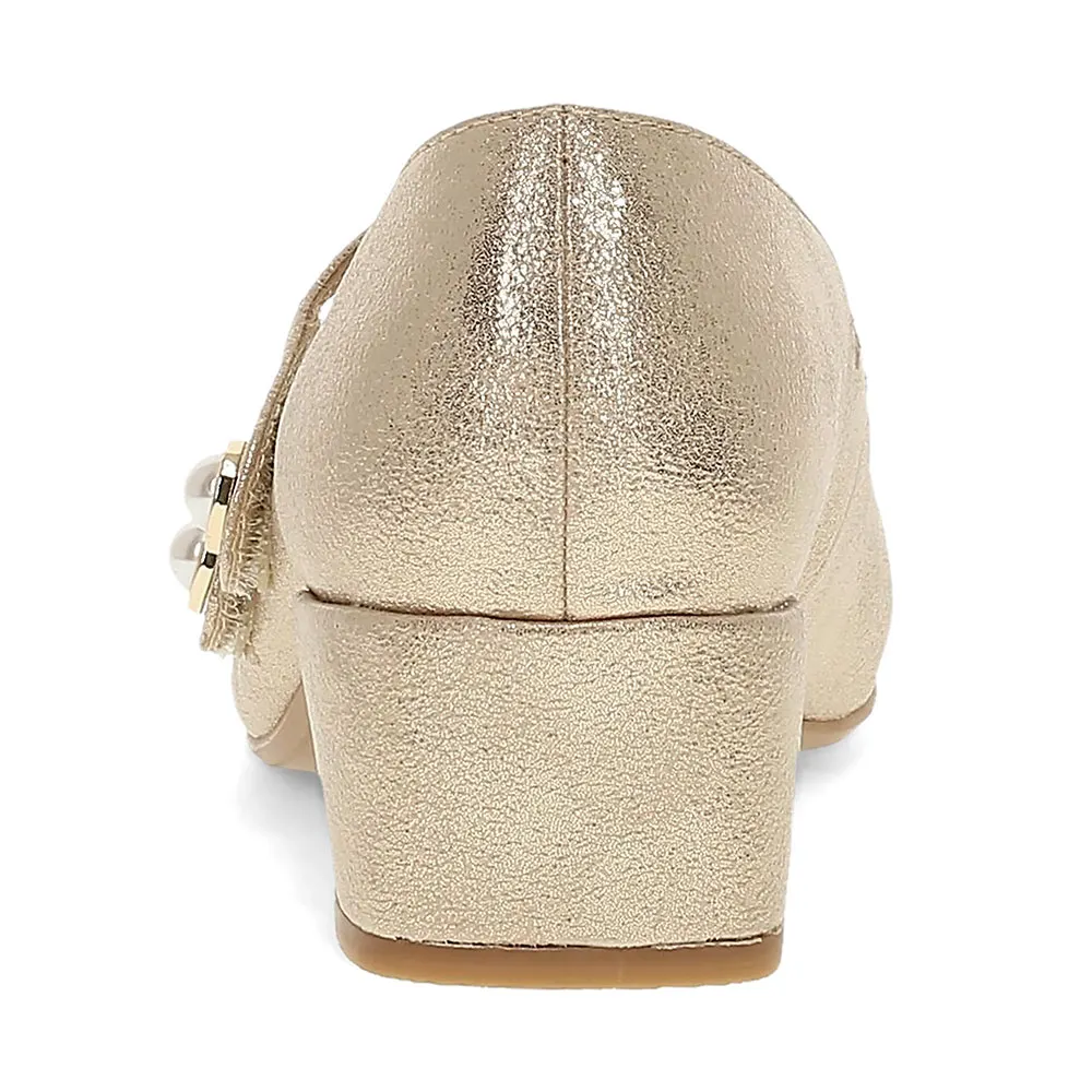 Gold Metallic Square Toe Chunky Heel Mary Jane Shoes with Pearl