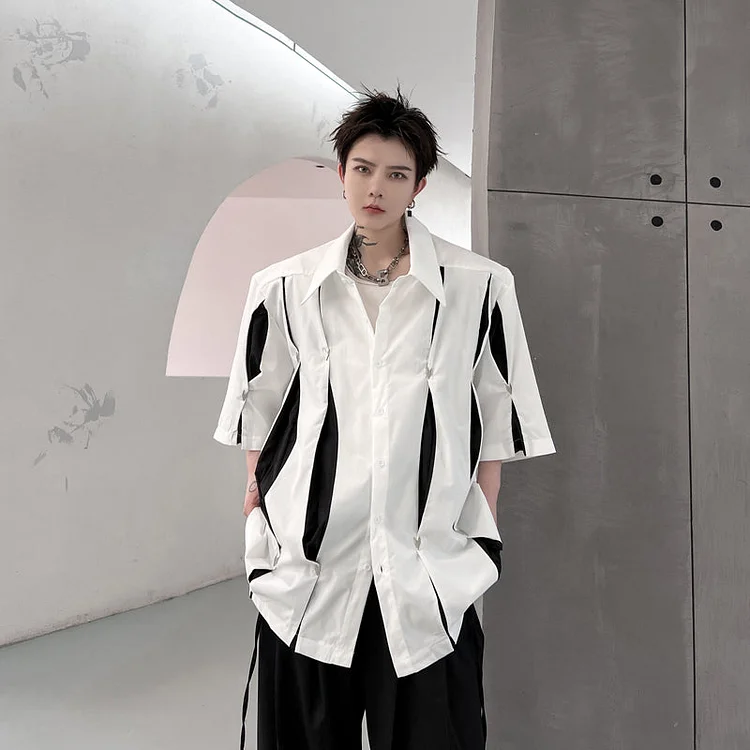 Dawfashion Techwear Streetwear-Summer Color-block Folding Metal Studs Loose Short-sleeved Shirts-Streetfashion-Darkwear-Techwear