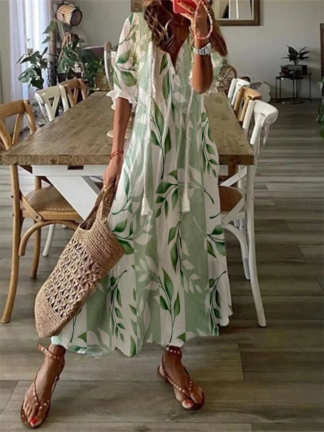 V Neck Leaves Half Sleeve Casual beach dresses