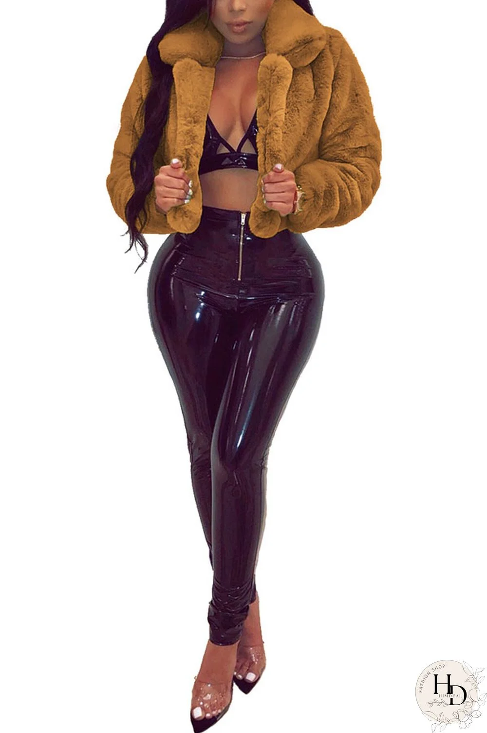 Brown Turndown Collar Solid Fur Pure Long Sleeve