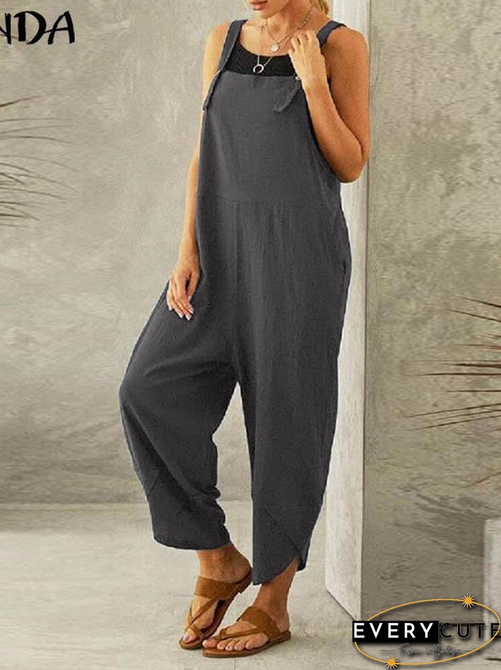 Spaghetti Strap Solid Color Side Pocket Overall Jumpsuit