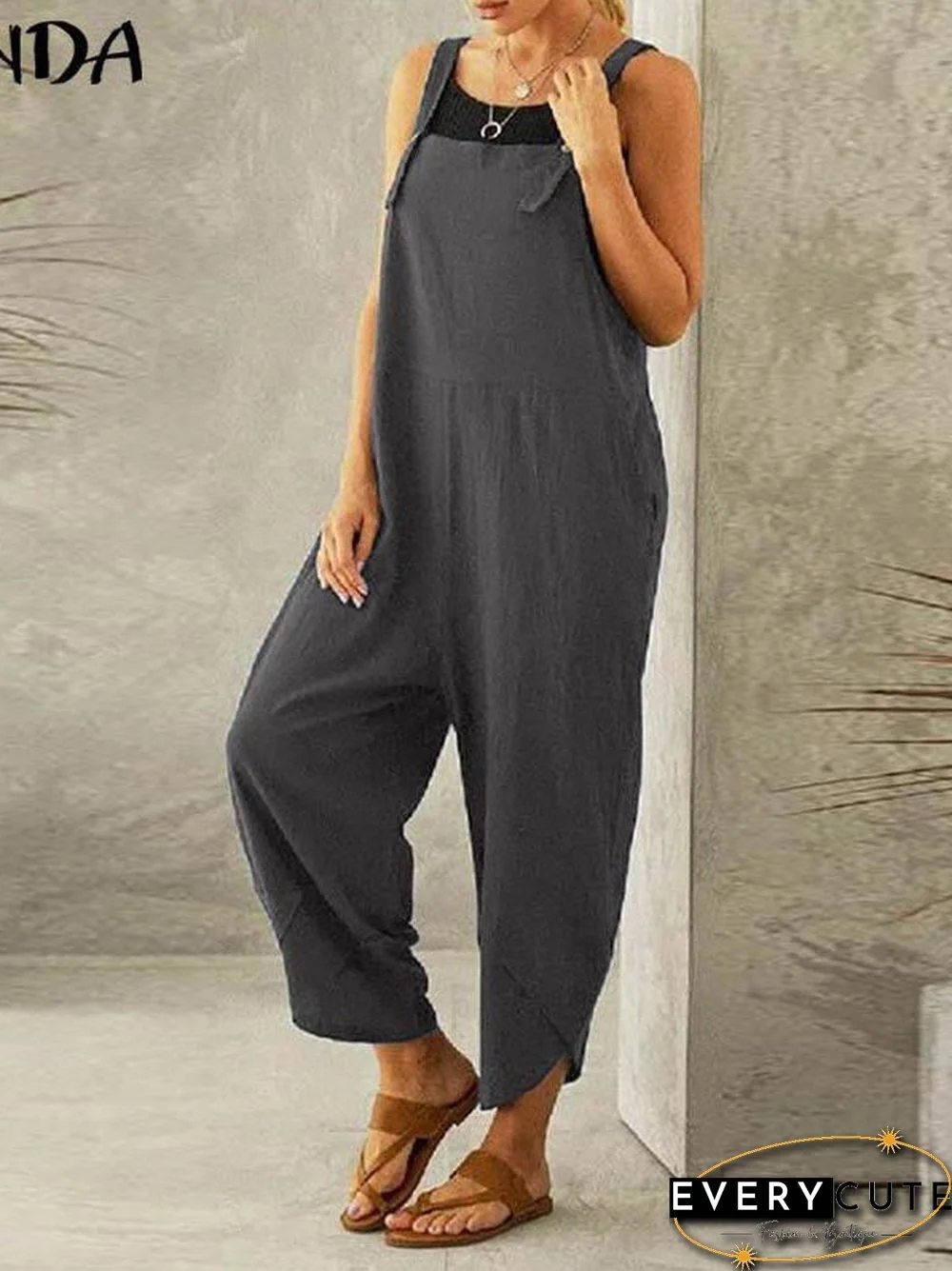 Spaghetti Strap Solid Color Side Pocket Overall Jumpsuit